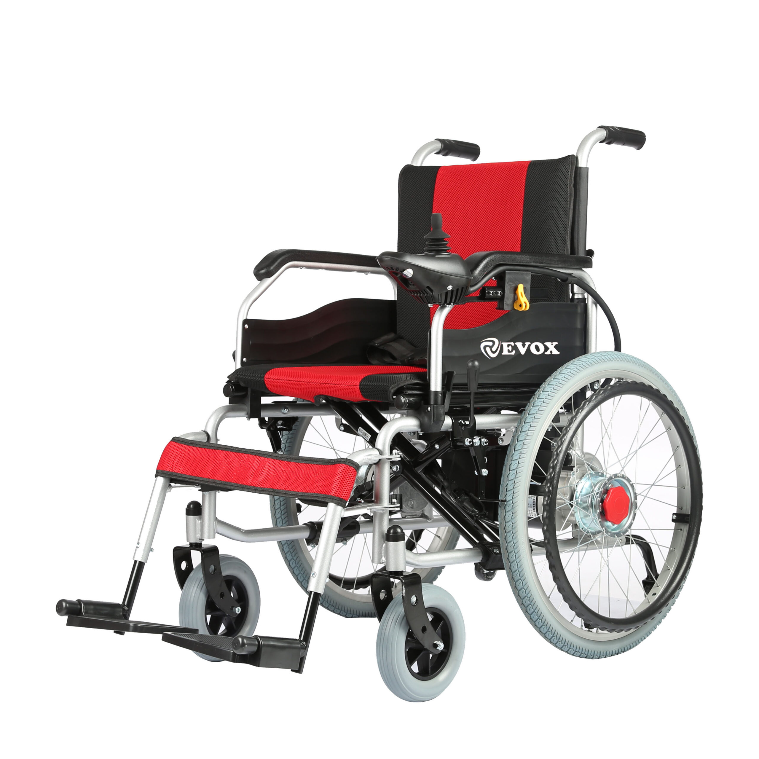 electric wheelchair with a red and black seat and backrest